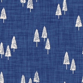 Minimal Winter Christmas Tree Forest  Linen Texture Cream White On Indigo Blue