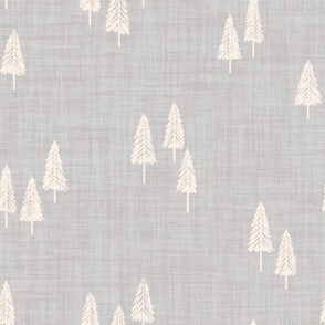 Minimal Winter Christmas Tree Forest  Linen Texture Cream White On Soft Gray