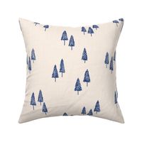 Minimal Christmas Tree Winter Forest Linen Texture Navy Blue On Cream White