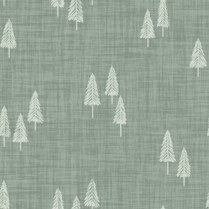 Minimal Winter Christmas Tree Forest  Linen Texture Sage On Military Green