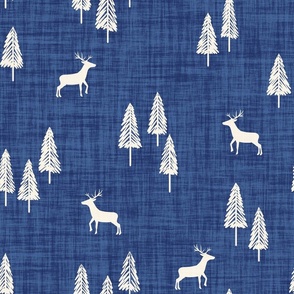 Minimal Winter Christmas Tree Forest With Reindeer Linen Texture Cream White On Indigo Blue