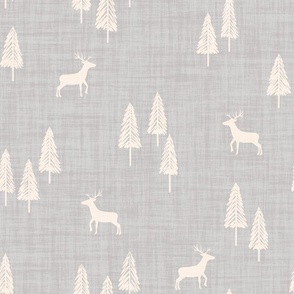 Minimal Winter Christmas Tree Forest With Reindeer Linen Texture Cream White On Soft Gray