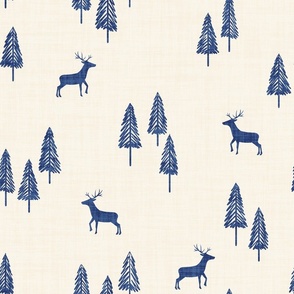 Minimal Winter Christmas Tree Forest With Reindeer Linen Texture Indigo Blue On Cream White