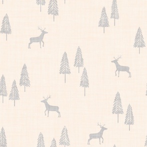 Minimal Winter Christmas Tree Forest With Reindeer Linen Texture Soft Gray On Cream White