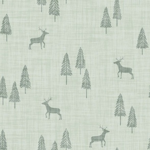 Minimal Winter Christmas Tree Forest With Reindeer Linen Texture Soft Green