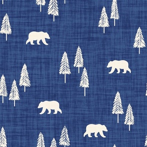 Minimal Winter Christmas Tree Forest With Wild Bears Linen Texture Cream White On Indigo Blue, rustic cabin