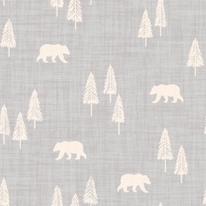 Minimal Winter Christmas Tree Forest With Wild Bears Linen Texture Cream White On Soft Gray, rustic cabin