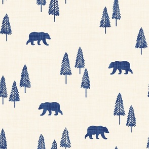 Minimal Winter Christmas Tree Forest With Wild Bears Linen Texture Indigo Blue On Cream White, rustic cabin