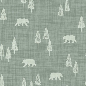 Minimal Winter Christmas Tree Forest With Wild Bears Linen Texture Light On Dark Green, rustic cabin