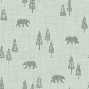 Minimal Winter Christmas Tree Forest With Wild Bears Linen Texture Sage Green, rustic cabin