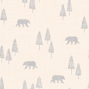 Minimal Winter Christmas Tree Forest With Wild Bears Linen Texture Soft Gray On Cream White, rustic cabin