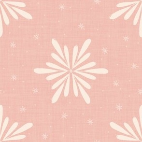 Geometric winter snowflakes on linen textured cream white on soft pink