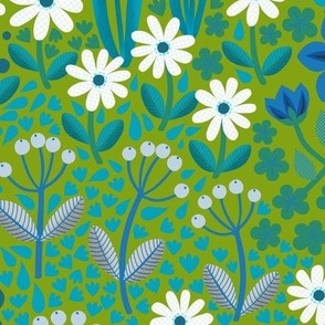 Summer Flower Garden - Blue and white on green - large scale by Cecca Designs