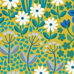 Summer Flower Garden - Blue and teal on mustard - large scale by Cecca Designs