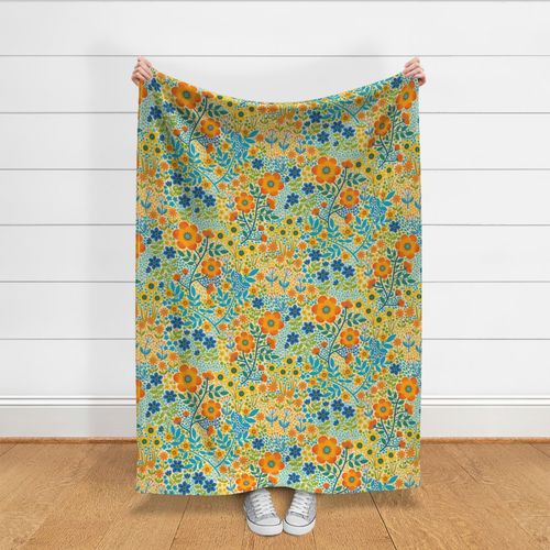 Summer Flower Garden - Orange and turquoise on cream - large scale by Cecca Designs