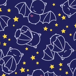Large - Cute light blue line art bats and stars on navy blue