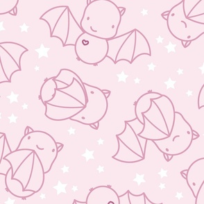 Large - cute pink line art bats and stars on blush pink