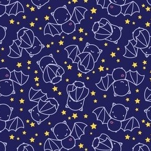 Small - Cute light blue line art bats and stars on navy blue