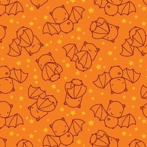 Small - Cute brown line art bats and stars on vibrant orange