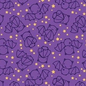 Small - Cute black line art bats and stars on vibrant purple