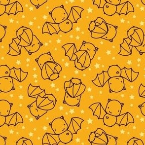 Small - Cute brown line art bats and stars on vibrant yellow