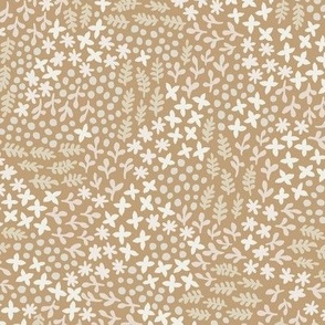 Garden Scattered Doodles | Small Scale | Neutral Whites on Peanut Brown | Nondirectional botanical