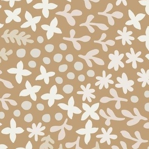 Garden Scattered Doodles | Large Scale | Neutral Whites on Peanut Brown | Nondirectional botanical