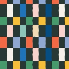 (S) pretty wonky rainbow checker board, check print, modern bright colors - black, red, white, yellow, pink