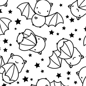 Large - Cute light blue line art bats and stars in black and white