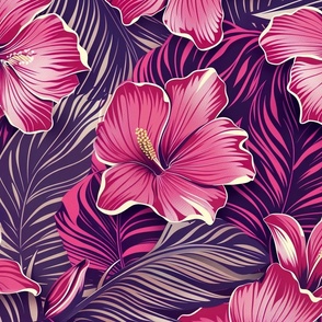 Tropical Pink Hibiscus Floral On Dark Background