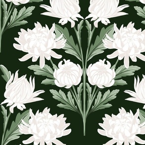 Chrysanthemum flower garden - white, dark green - jumbo scale 
