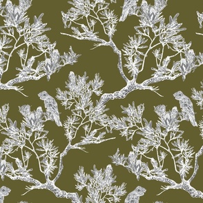 Modern Chinoiserie, Autumn Green and White with Cockatoo, Leaves, Trees, Med