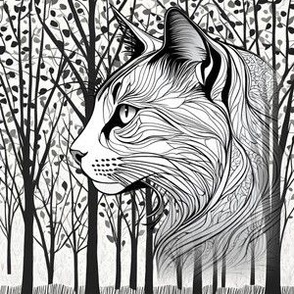 6'' Cat Spirit in the Forest Black and White Illustration | Cat Art