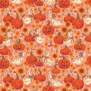 (Medium) Geese in a Pumpkin Patch with Sunflowers | Dreamy Pink | Vintage Cottagecore Halloween