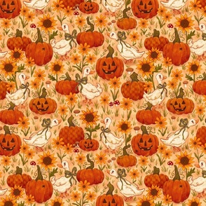 (Medium) Geese in a Pumpkin Patch with Sunflowers | Vintage Cottagecore Halloween