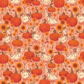 (Medium) Geese in a Pumpkin Patch with Sunflowers | Dreamy Pink | Vintage Cottagecore Autumn