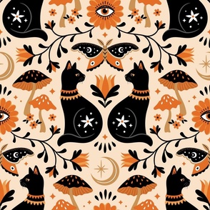 Halloween Black Cats. Moths, Celestial Witch Orange and Gold