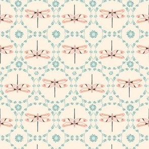 tiny dragonflies circles ecru and pink