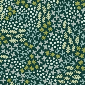 Garden Scattered Doodles | Large Scale | Shades of Green and Blue on Dark Green | Nondirectional botanical