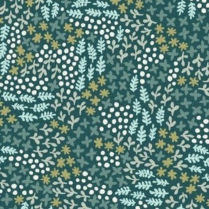 Garden Scattered Doodles | Small Scale | Shades of Teal Blue and Tan on Dark Teal | Nondirectional botanical