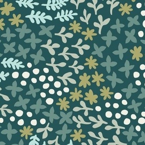 Garden Scattered Doodles | Medium Scale | Shades of Teal Blue and Tan on Dark Teal | Nondirectional botanical