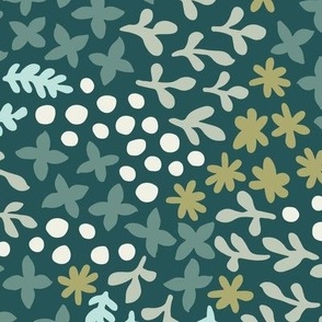 Garden Scattered Doodles | Large Scale | Shades of Teal Blue and Tan on Dark Teal | Nondirectional botanical