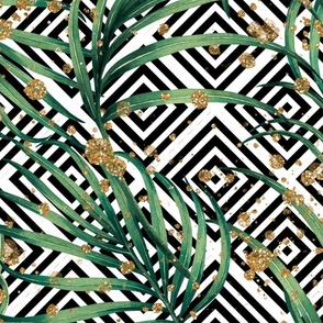 tropical leaves with black and white geometry and gold glitter