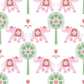 Elephant and palm/pink and green on white