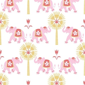Elephant and palm/pink and yellow on white