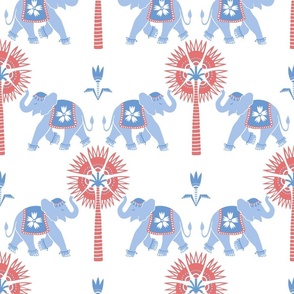 Elephant and palm/blue and red on white