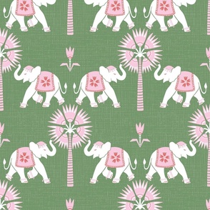 Elephant and palm/pink on textured green