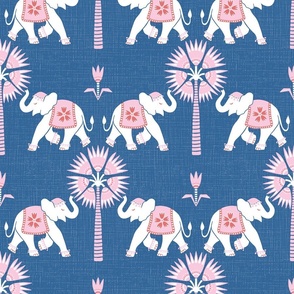 Elephant and palm/pink on textured blue