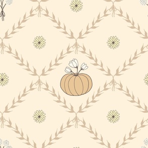 (L) Rustic Cottagecore Halloween Pumpkin and Dandelions in Pastel Wheat Tan