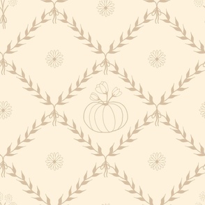 (L) Rustic Cottagecore Halloween Pumpkin and Dandelions Linework in Wheat Tan